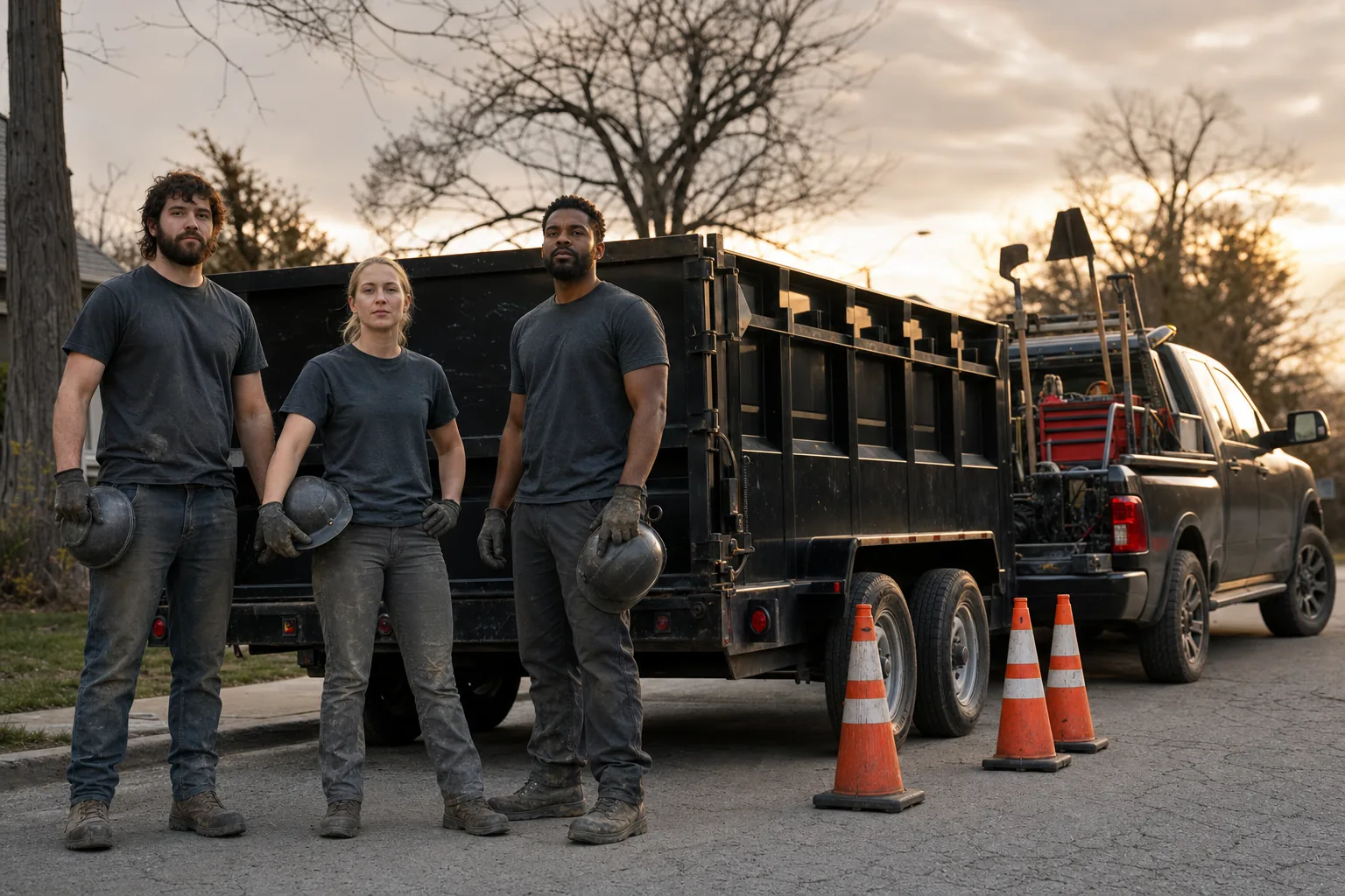 Golden Road crew with dump trailer on a Kansas City street