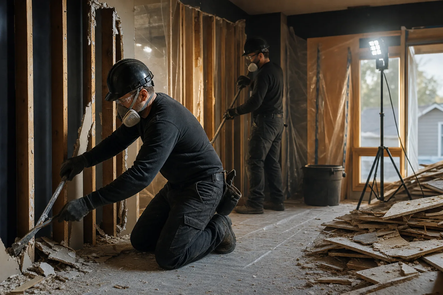 Demolition crew removing drywall on a Kansas City area jobsite
